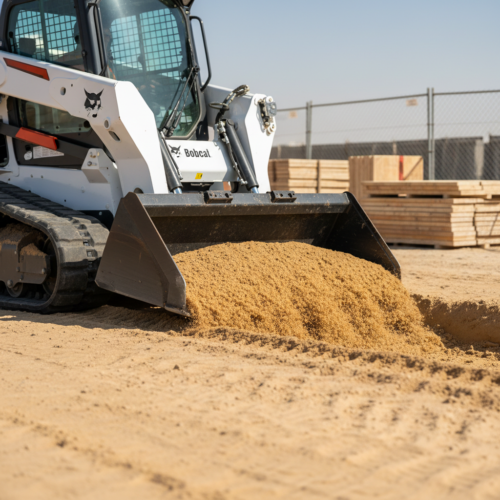 A close-up, three-quarter view of a modern Bobcat skid-steer loader in action, its heavy-duty bucket cleanly cutting into compacted sandy soil, creating a defined trench line on a Dubai construction plot. Fine grains of sand spill from the bucket’s edge, showing texture and precision. In the background, slightly blurred, stand temporary site fencing, stacked timber formwork, and a clear blue desert sky. Bright mid-morning sunlight produces strong, clean highlights on the machine’s white body and yellow safety markings, with crisp, professional shadows. Photographic realism with dynamic, slightly low-angle composition emphasizing power, control, and efficiency, ideal for showcasing excavation capabilities without any human presence.
