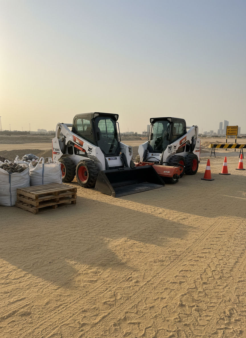 An orderly construction site cleanup scene with two Bobcat machines parked side by side: one skid-steer fitted with a wide cleanup bucket and another with a sweeper attachment, both spotless and branded clearly. They are positioned on a freshly leveled sandy surface, surrounded by neatly piled debris bags, aligned wooden pallets, and a clearly marked temporary site access road. The golden hour sun creates a warm glow on the metal surfaces and transparent cab glass, with long shadows extending across the ground. Shot from a slightly elevated angle in photorealistic style, the composition uses the rule of thirds to balance machinery and negative space, projecting a professional, efficient, and ready-to-dispatch mood for a rental service in Dubai.