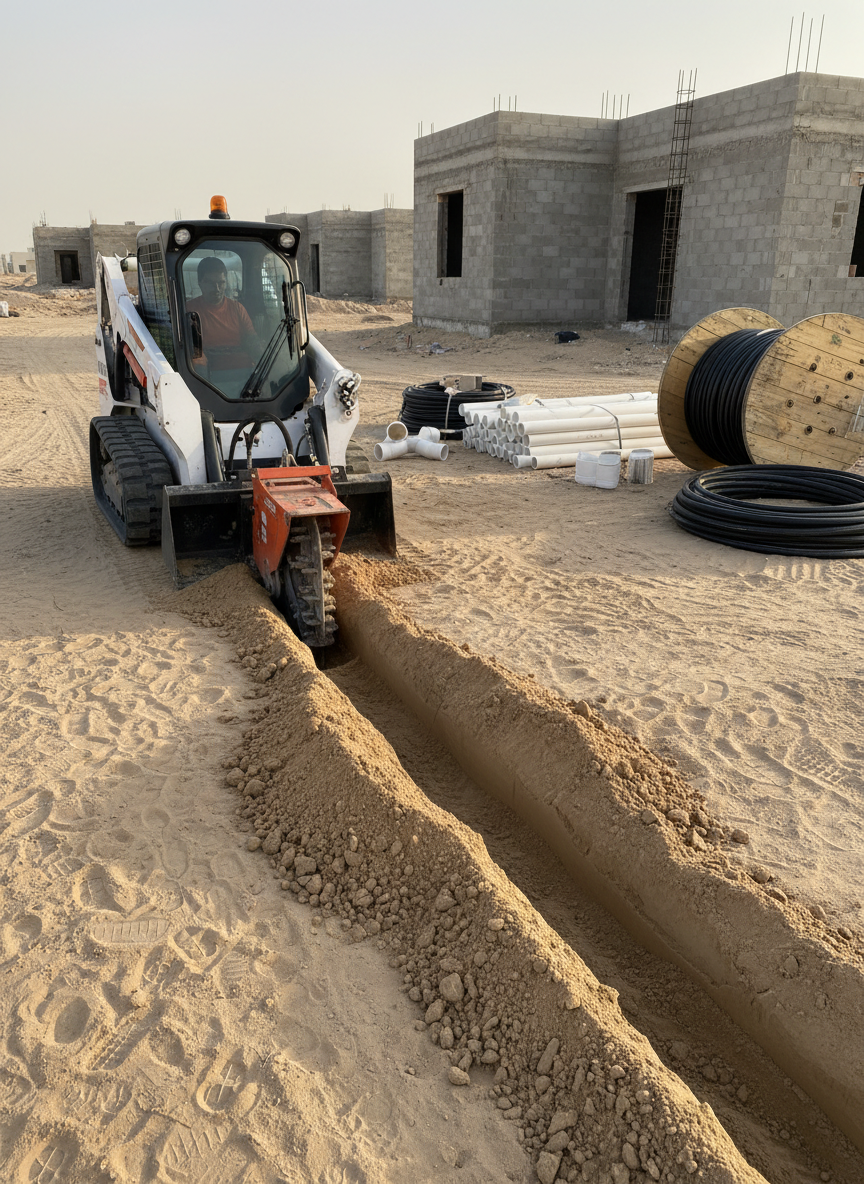 A targeted trenching scenario featuring a Bobcat skid-steer equipped with a specialized trenching attachment, carving a narrow, precise utility trench through compact desert sand on a small Dubai villa plot. The trench runs in a clean diagonal across the frame, its sides sharply defined, with exposed sand layers visible. The machine is positioned off-center following the rule of thirds, facing toward partially constructed villa foundations and neat stacks of PVC conduit and cable drums in the background. Late-afternoon sunlight bathes the scene with a soft, warm tone, casting clear but not harsh shadows. Photographic realism with a moderate depth of field keeps both the Bobcat and trench in sharp focus, highlighting professional, specialized rental capabilities such as trenching and service line preparation.