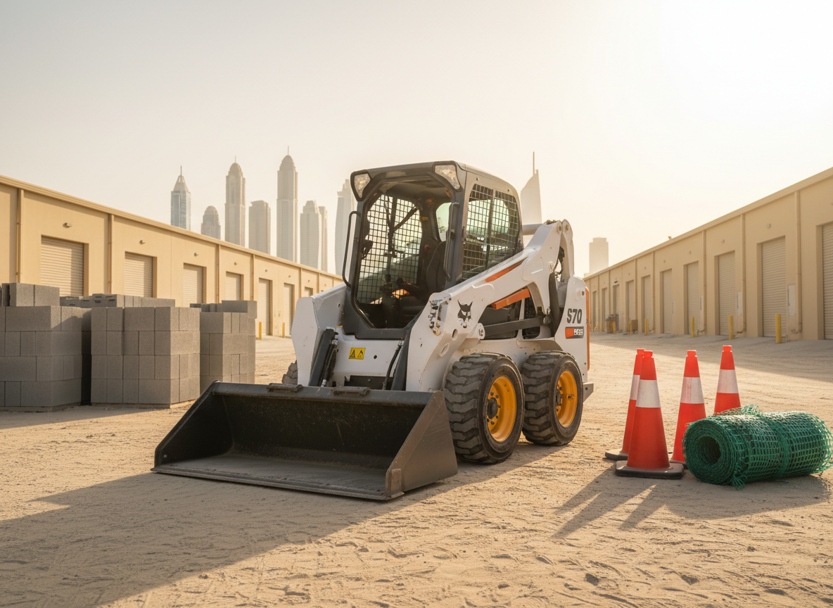 A clean, modern construction yard in Dubai with a prominently featured compact white-and-yellow Bobcat skid-steer loader in pristine condition, its bucket attachment resting neatly on level, compacted sand. Surrounding it are organized stacks of concrete blocks, traffic cones, and a neatly rolled safety fence, all set against a backdrop of low-rise industrial warehouses and distant hazy skyscrapers. The scene is captured in warm late-afternoon desert light, casting long, crisp shadows and subtle highlights on the Bobcat’s metal curves and hydraulic arms. Photographic realism at eye level with a slight wide-angle lens, sharp focus throughout, conveying a professional, reliable, and ready-for-rent atmosphere suitable for a service website hero image.