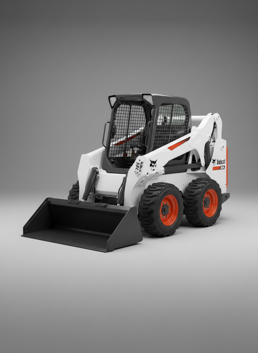 A minimalist, professional studio-style image of a single Bobcat skid-steer loader isolated on a smooth, medium-gray seamless floor and backdrop, with no clutter or environment. The machine is immaculately clean, showing crisp white panels, contrasting black tires with deep tread detail, and a robust, slightly raised general-purpose bucket. Soft, diffused studio lighting from both sides creates balanced highlights on the metal surfaces and gentle shadows underneath, emphasizing contours and engineering precision. Photographic realism with a centered, eye-level composition and shallow background detail, ideal for overlaying marketing text. The mood is clean, corporate, and trustworthy, showcasing the equipment as a premium rental asset without distractions or human figures.